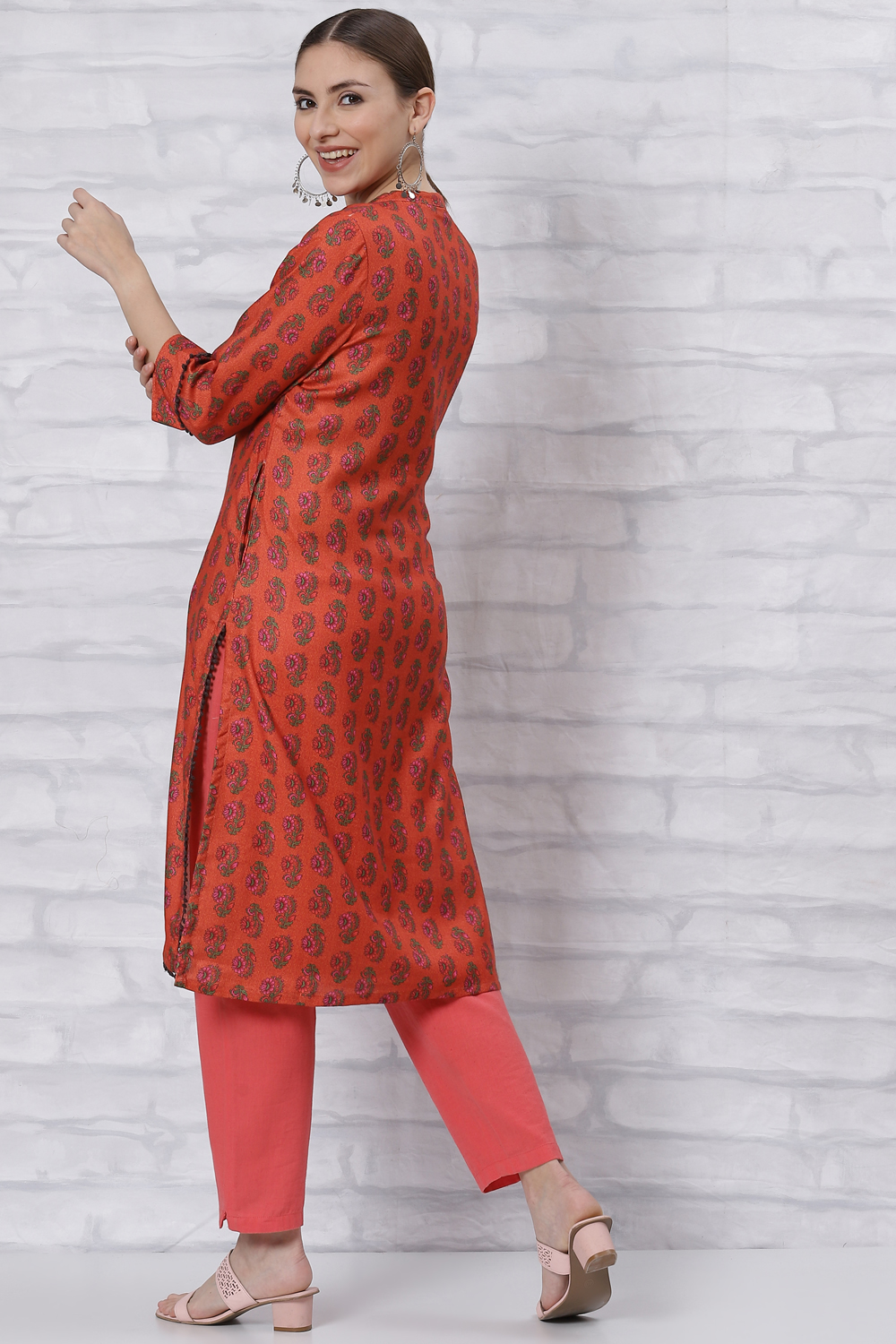 Red Poly Cotton Straight Kurta image number 4
